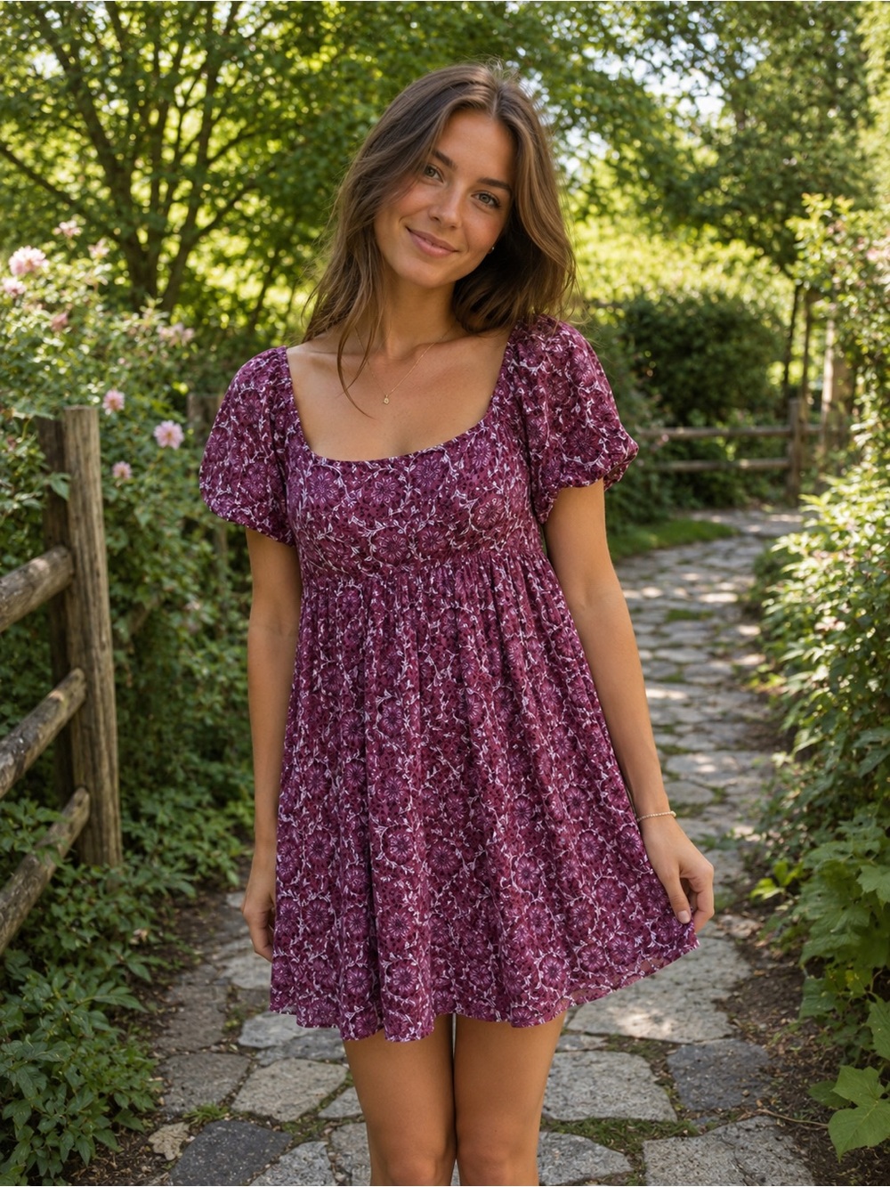 American Eagle Outfitters Maroon Floral Square-Neck Mini Dress